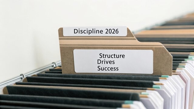 Organized file folder labeled 'Discipline 2026' indicating structured approach driving success in professional development and project management