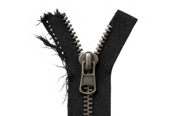Black zipper puller on torn fabric with frayed edges, revealing metal teeth, transparent background, broken concept