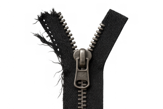 Black zipper puller on torn fabric with frayed edges, revealing metal teeth, transparent background, broken concept