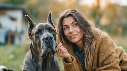 Canine Companion and Her: A woman finds joy as she connects with her beloved Great Dane dog. They both look into the camera, capturing the beauty of companionship.