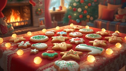 Festive Christmas Cookie Display with Warm Fireplace and Decorated Tree