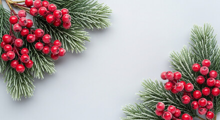 Festive Christmas background with fir branches and red berries.