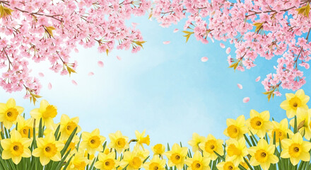 Vibrant spring scene with pink cherry blossoms framing a clear blue sky above a field of bright yellow daffodils.