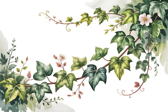 Watercolor painting of delicate ivy vines with small flowers