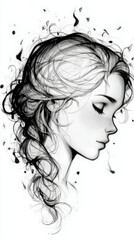 Serene young woman in a sketch style, peacefully dreaming, against a white background 