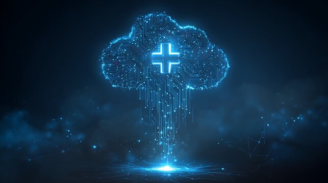 Digital Health Cloud with Plus Sign. Futuristic Medical Data Storage and Telemedicine Technology Concept