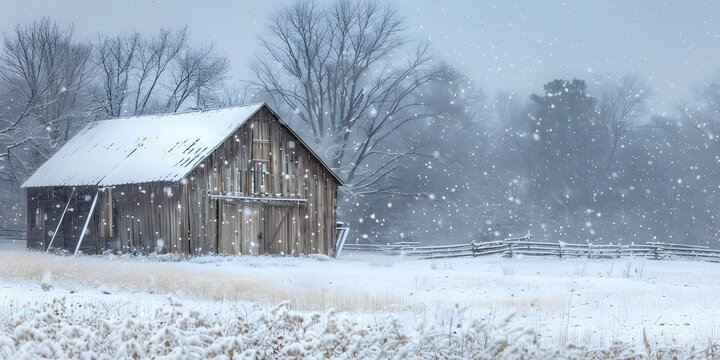 Weathered wooden barn stands in a snowy landscape, with a falling winter snow and the rustic structure framed by leafless trees and a simple wooden fence creating a rural vista. - Powered by Adobe