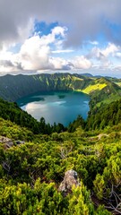 Aerial view of a serene lake surrounded by lush, vibrant greenery