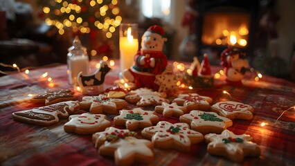 Festive christmas cookies and decorations create cozy holiday atmosphere