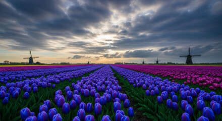 A breathtaking field of vibrant purple and pink tulips stretches towards the horizon under a dramatic, cloudy sky, with traditional Dutch windmills silhouetted in the distance.