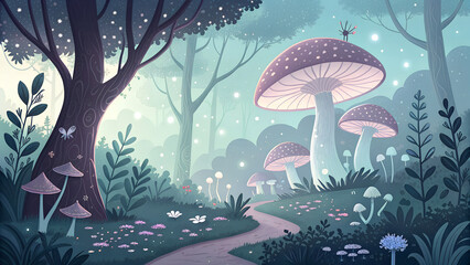 Enchanted forest with giant mushrooms and soft morning light