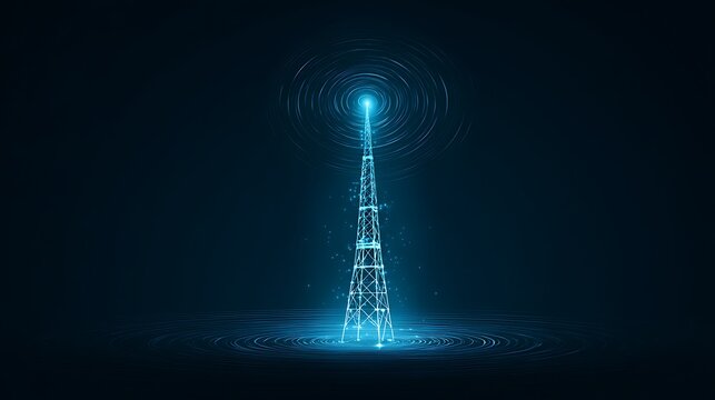 Digital Communication Tower in Blue Light. Abstract Low Poly Telecommunication Network and 5G Technology Concept.