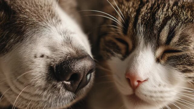 Close-up dog nose gently touching cat head while cat purrs, subtle shared safety expression, cat and dog adoption story