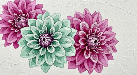 Three vibrant dahlias, two in a deep magenta and one in a soft mint green, are depicted against a textured off-white background.