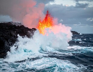 Coastal eruption Volcanic lava meets crashing ocean waves