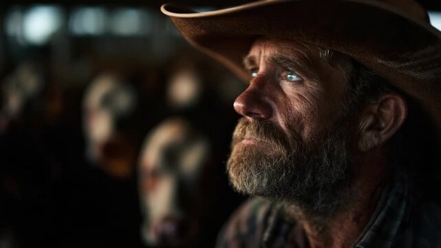 Solitary Reflection of a Cowboy: A weathered cowboy gazes thoughtfully into the distance, his eyes reflecting a lifetime of stories.