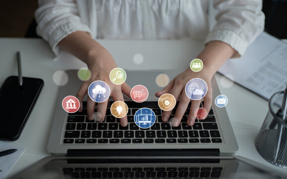 Set of business and digital service icons representing finance, cloud, analytics, email, communication, ecommerce, cybersecurity, and global connectivity in a modern ecosystem Latch - Powered by Adobe