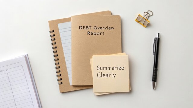 Organizational tools for financial planning, debt management reports, and clear summarization strategies in office setting