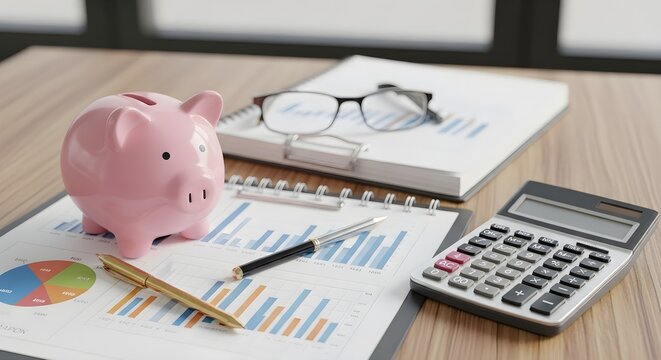 Piggy bank, calculator, and documents on a wooden desk representing financial planning and savings for an emergency fund