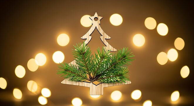 Festive wooden Christmas tree with green pine needles and blurred warm yellow bokeh lights, celebrating the holiday season