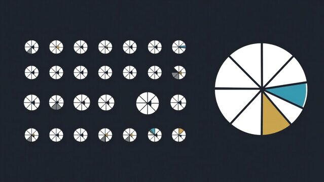 Visual representation of data and progress with pie chart and clock elements