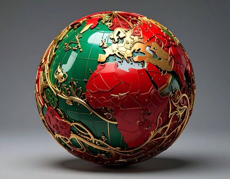 Festive, ornamental globe with gold filigree, showcasing continents