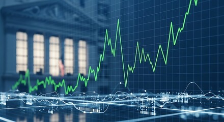 Stock Market Growth Chart: Green Line Graph with Trading Data Overlay on Financial Building Background