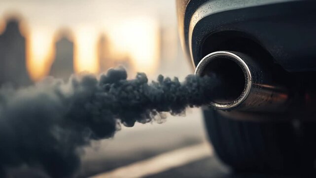 Smoke emission from Car's Exhaust: A close-up view capturing the dark smoke billowing from a car exhaust, conveying themes of environmental pollution and industrial impact on a modern setting.