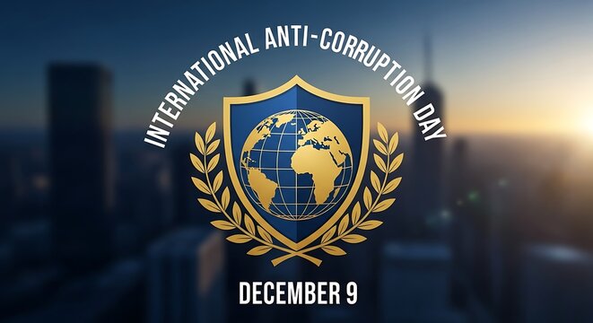 International Anti-Corruption Day, December 9: Golden shield, laurel wreath, and Earth symbol against a modern cityscape background