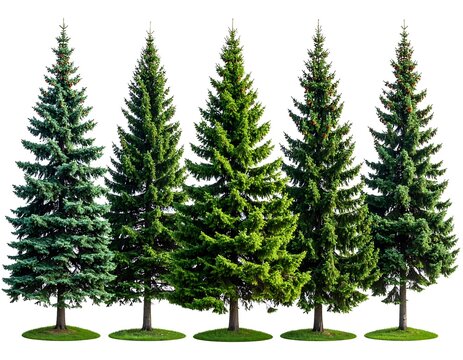 Five tall evergreen trees isolated on a pristine white background