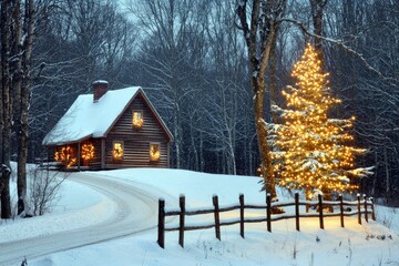 Warmly lit log cabin in snowy forest surrounded by illuminated trees and wooden fence with lights, featuring bright Christmas tree for winter holiday decor, cozy home design, and festive seasonal 