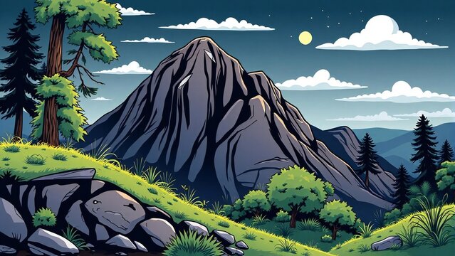 Dramatic jagged mountain peak under a cloudy sky with pine trees