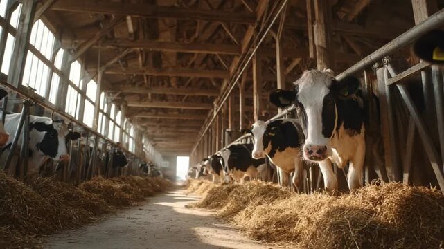 Dairy Cows in Barn: A view inside a rustic barn reveals a row of content dairy cows, their familiar black and white coats contrasting against the warm tones of the wooden structure and hay.