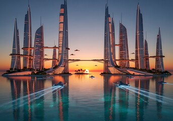 Futuristic Cityscape at Sunset - Modern Architecture and Water Reflections.