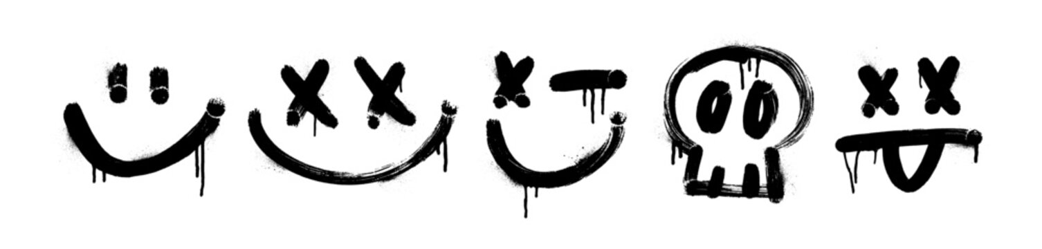 Smiling face painted spray paint. Graffiti faces with smile and crosses in the eyes, grunge skull. Collection of emotion symbols. Funky urban street art graffiti style elements.
