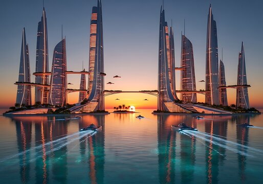Futuristic Cityscape at Sunset - Modern Architecture and Water Reflections. - Powered by Adobe