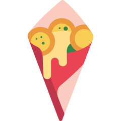 A stylized illustration of a crepe filled with round yellow ingredients and green garnishes held in a pink and red wrapper against a transparent background