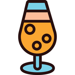 A stylized illustration of a glass of amber colored beverage with bubbles and a light blue base and rim.