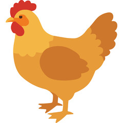 A stylized illustration of a golden brown hen with a red comb and wattle stands facing left on a transparent background the hen has a plump body and detailed feathers suggested by color variations