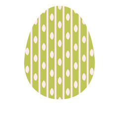 A stylized Easter egg with a green and white striped pattern and pink polka dots against a white background