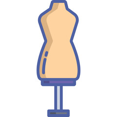 A stylized flat design illustration of a beige dress form mannequin with a blue outline and base on a white background representing tailoring and fashion design concepts