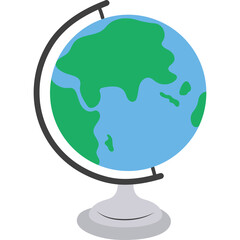 A stylized globe with green landmasses and blue oceans stands on a grey base with a black curved stand on a white background