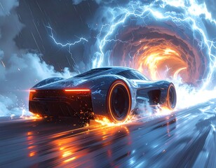 Futuristic sports car driving through a stormy energy tunnel