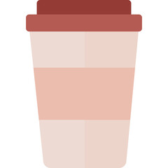 A stylized graphic of a disposable coffee cup with a maroon lid and band on a transparent background representing a beverage container for hot drinks like coffee or tea