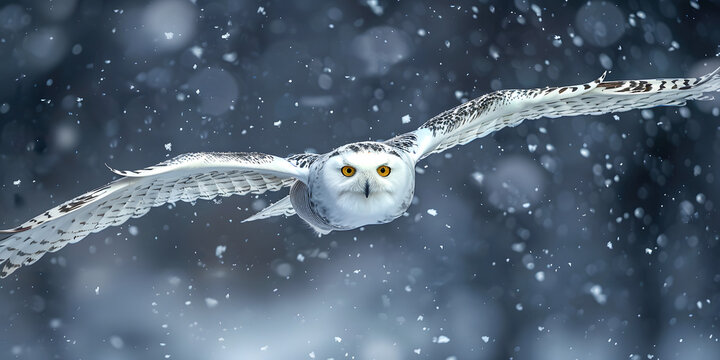 Snowy owl in graceful flight against a background of falling snow, featuring detailed plumage and bright yellow eyes capturing attention during a winter scene with a serene atmosphere.