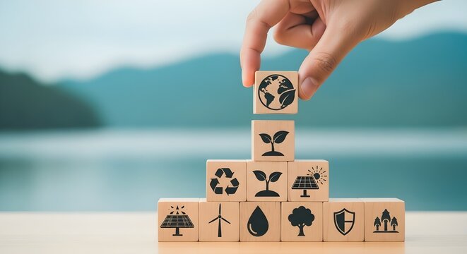 Sustainable development and environmental protection concept with green energy and nature icons - Powered by Adobe