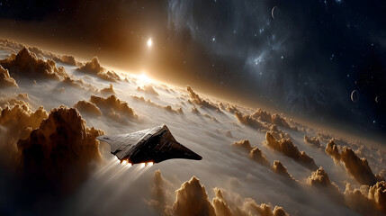 Futuristic spaceship soaring above cloudscape, a dynamic journey through space, perfect for tech, innovation, and inspiring visions of the future