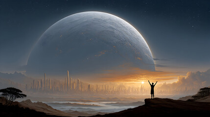 Brave adventurer silhouetted against a rising sun and futuristic cityscape under a vast planet, evoking awe and wonder for sci-fi and exploration themes