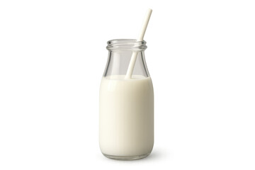 Glass bottle with fresh white milk and straw for healthy drink or dairy beverage, isolated on transparent background
