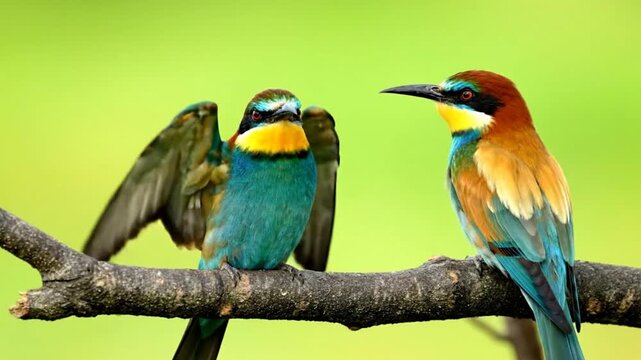 Two colorful european beeeater birds perched on a branch with a vibrant green background